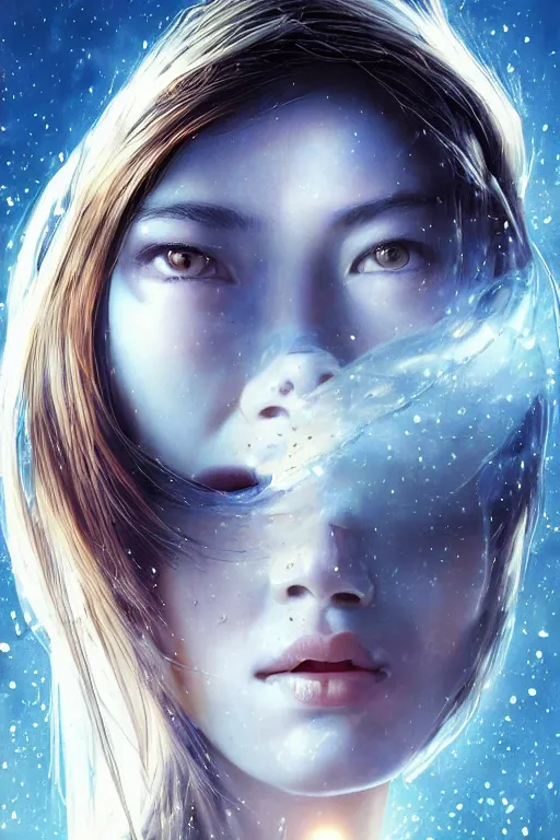 Image similar to 3 d, sci - fi, close - up, morning, smiling fashion model face, sun, cinematic, clouds, sun rays, vogue cover style, poster art, blue mood, realistic painting, intricate oil painting, high detail illustration, figurative art, multiple exposure, poster art, by tooth wu and wlop and beeple and greg rutkowski