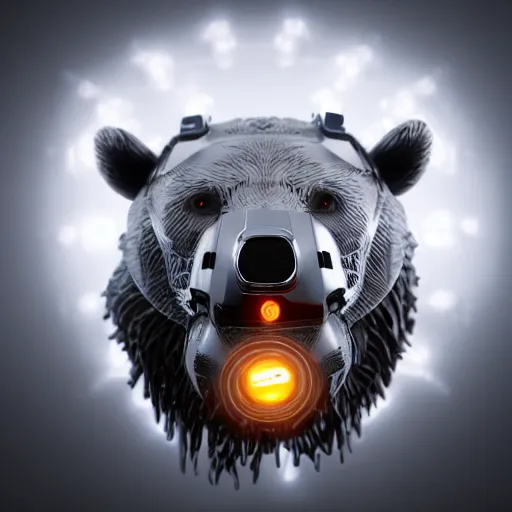 Image similar to an immaculate high key lighting headshot rendering of a cybernetic grizzly with embedded LEDs, a cybernetic eye, and an exoskeleton.