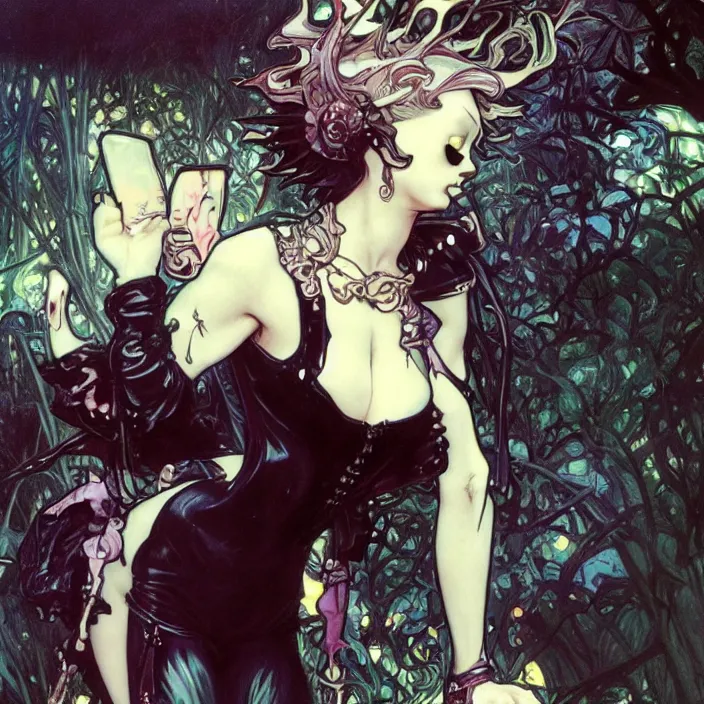 Image similar to little gothic girl, full body, spikes, latex, rubber, rococo, anime aesthetic, chibi, digital painting, sharp focus, concept art, fantasy, by james gurney, by alphonse mucha, by yoshitaka amano, by annie leibovitz