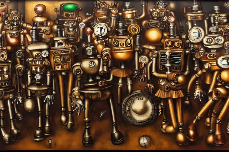 Image similar to steampunk robots dancing by otto dix, 4 k