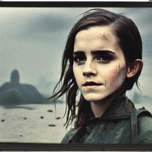 Image similar to film still, close up, emma watson rising out of muddy vietnam river, face covered in mud, low camera angle at water level, night time, film still from apocalypse now ( 1 9 7 9 ), 2 6 mm polaroid polaroid polaroid polaroid polaroid expired expired expired,