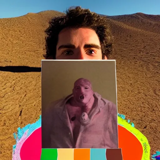 Prompt: photograph of a man wearing cameo in the desert and eating crayons