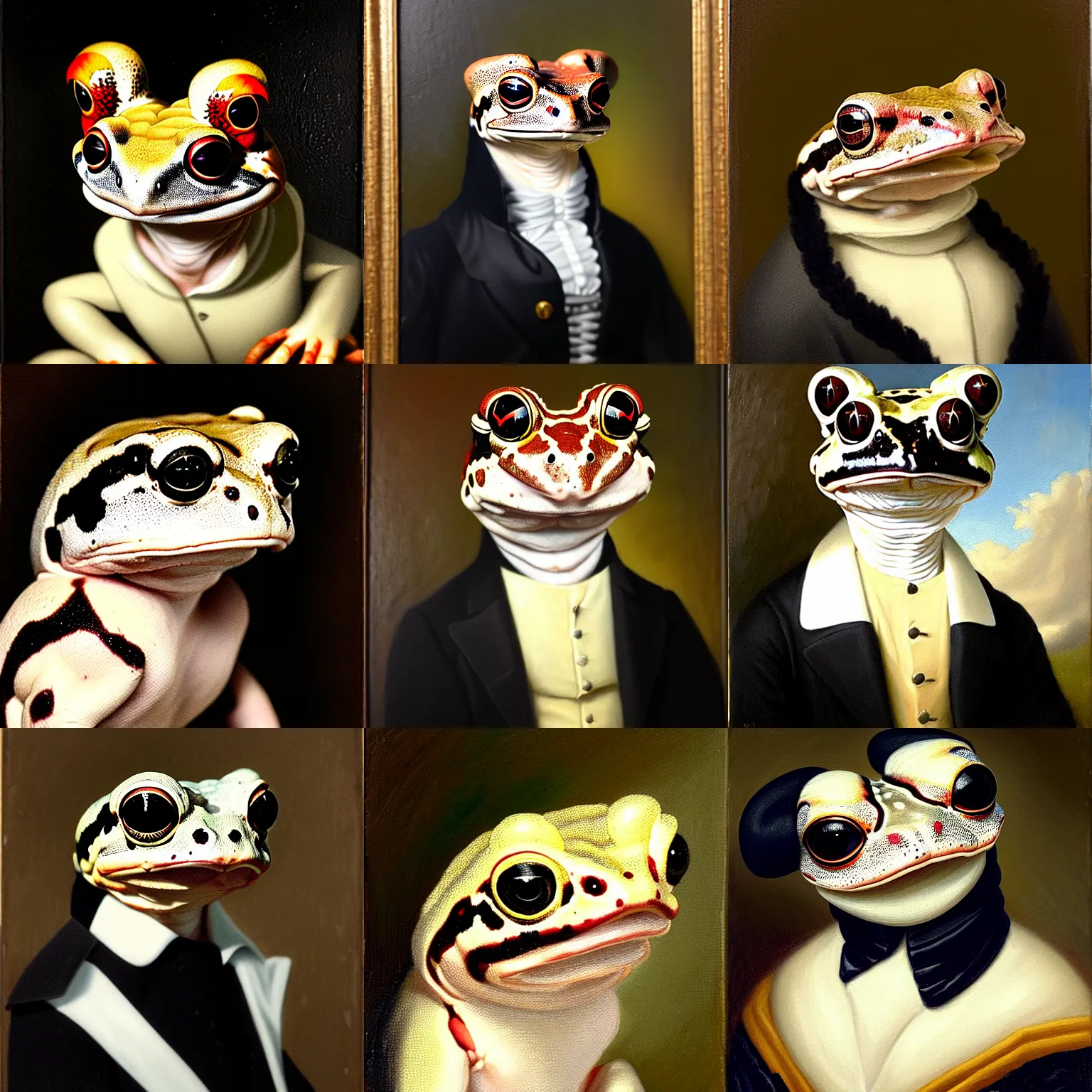 Prompt: a head and shoulders portrait painting of an anthropomorphic!!!!!!!!!! amazon milk frog!!!!!!!!!! wearing a black!!!!!!!!!! colonial outfit without a hat looking off camera, a character portrait, american romanticism, oil on canvas, soft focus