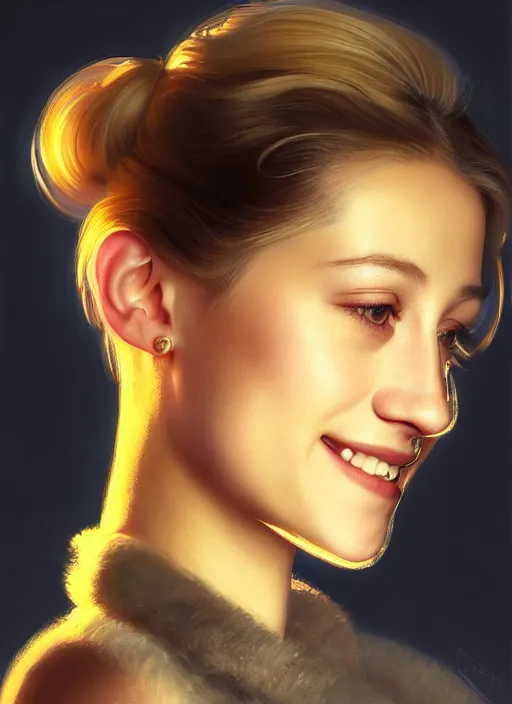 Image similar to portrait of lili reinhart with fluffy bangs, smiling kindly, bangs, 1 9 6 0 s, ponytail, curly bangs and ponytail, rounder face, intricate, elegant, glowing lights, highly detailed, digital painting, artstation, concept art, smooth, sharp focus, illustration, art by wlop, mars ravelo and greg rutkowski