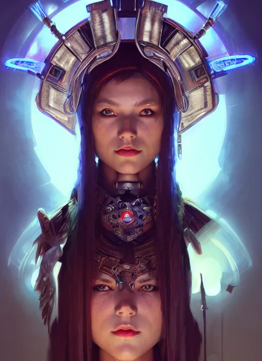 Image similar to portrait of cybertronic shaman beautiful girl, intrigante, bone headgear, headshot, highly detailed, digital painting, artstation, concept art, sharp focus, cinematic lighting, illustration, art by artgerm and greg rutkowski, alphonse mucha, cgsociety