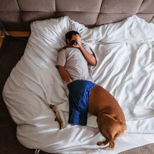 Prompt: a human sleeping in a dog bed and a dog sleeping in a human bed