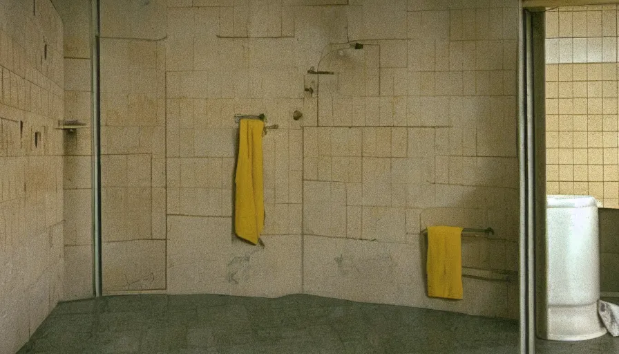 Prompt: 60s movie still of a sovietic stalinist style empty clean prison shower with yellow tiles and tryophobia, cinestill 800t 50mm eastmancolor, liminal Space style, heavy grain