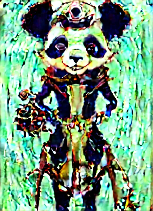 Image similar to don bluth, loish, artgerm, joshua middleton, steampunk, clockpunk anthropomorphic panda, full sailor suit, symmetrical eyes symmetrical face, colorful animation forest background