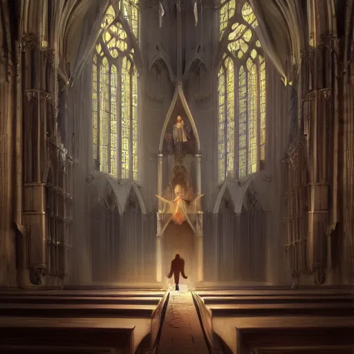 Image similar to angel protecting man who is praying inside a gothic church by Stanley Artgerm Lau, WLOP, Rossdraws, James Jean, Andrei Riabovitchev, Marc Simonetti, Yoshitaka Amano, ArtStation, CGSociety