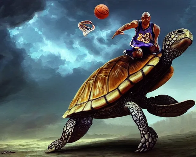 Image similar to kobe bryant riding on a turtle in heaven, fantasy art, illustration, epic art, fantasy, intricate, elgant, amazing detail, digital painting, artstation, concept art, smooth, sharp focus