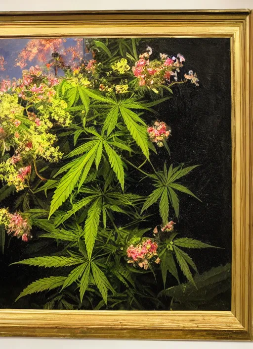 Image similar to oil painting by anders zorn, nature, bush, marijuana flowers, backlit cannabis leaves with backlight