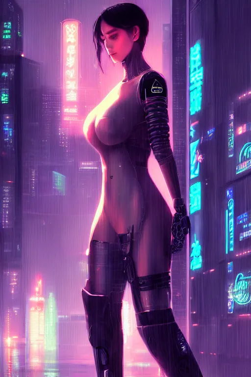 Image similar to portrait futuristic lovely cyberpunk female police, in heavy rainning futuristic tokyo rooftop cyberpunk night, ssci-fi, fantasy, intricate, very very beautiful, elegant, neon light, highly detailed, digital painting, artstation, concept art, soft light, hdri, smooth, sharp focus, illustration, art by tian zi and craig mullins and WLOP and alphonse mucha