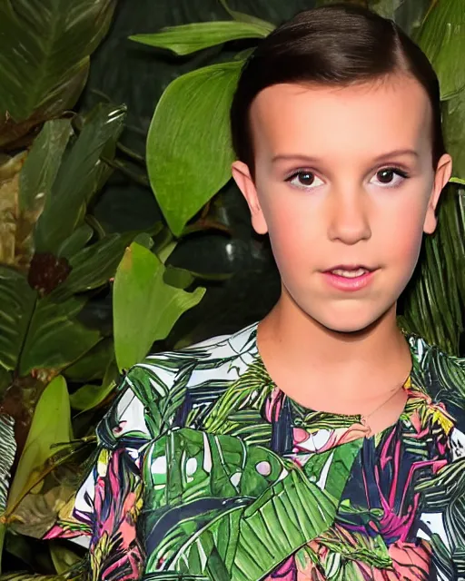 Image similar to Millie Bobby Brown in a jungle of lightning