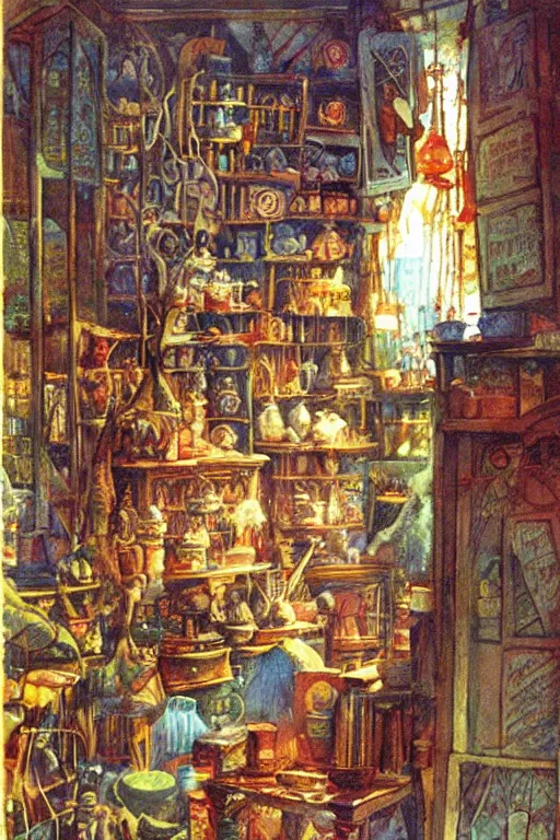 Image similar to a magic shop, by jerry pinkney