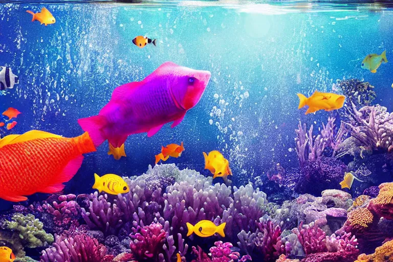 Image similar to ultra realistic underwater photography, panoramic picture of a river with ( subject : one single huge exotic brightly coloured fish ). lots of bubbles. wavy, scattered light entering from the water surface, artstation, focus on the fish, extremely detailed, hyperrealistic crisply sharp fish, 8 k