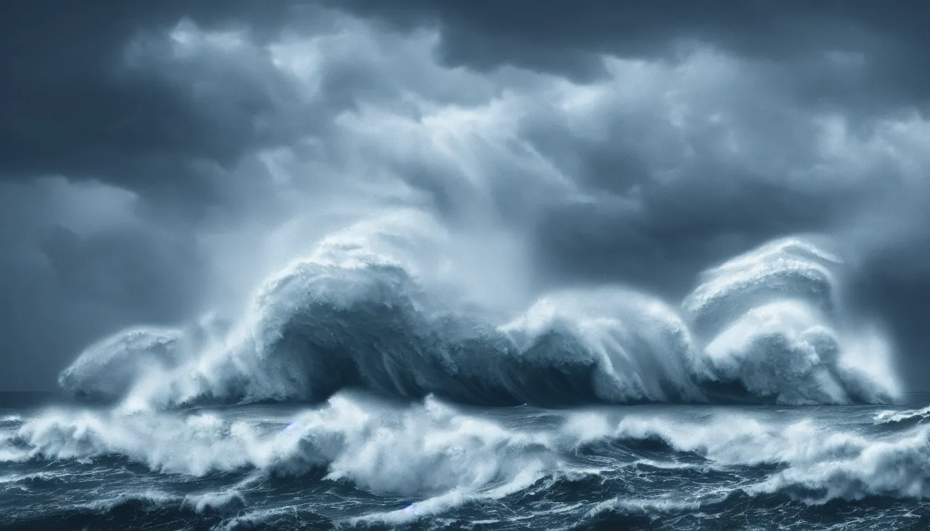 Prompt: lake, big waves, strong wind, raining, storm, distant thunder, launched nuclear rockets far away, atmospheric, scary, claustrophobic, ambient vibe, very detailed, high resolution, 8 k