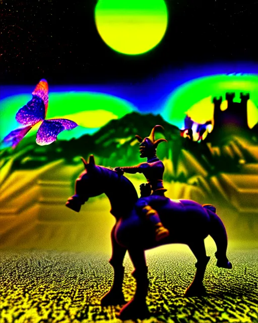 Prompt: 3 d render of cyborg goblin riding a horse standing in cybernetic mountain landscape with castle ruins against a psychedelic surreal background with 3 d butterflies and 3 d flowers n the style of 1 9 9 0's cg graphics against the cloudy night sky, lsd dream emulator psx, 3 d rendered y 2 k aesthetic by ichiro tanida, 3 do magazine, wide shot