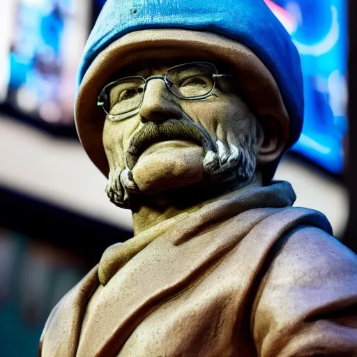 Image similar to a photograph of a very detailed renaissance sculpture of walter white wearing a smurf hat standing in times square, made by michelangelo, from the distance, hyper detailed, sharp focus, 8 k resolution, ray tracing