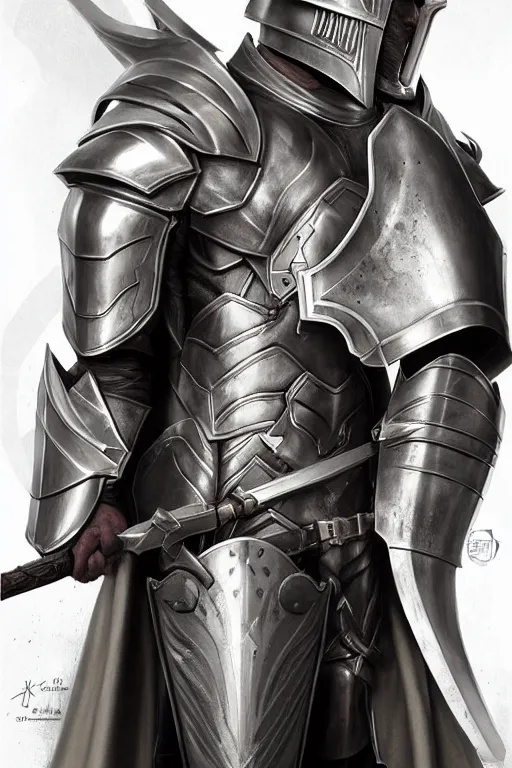 Image similar to profile of paladin knight wearing full helmet and scale mail armor, character concept art, intricate details, highly detailed photorealistic portrait in the style of adam hughes, seseon yoon, artgerm and warren louw