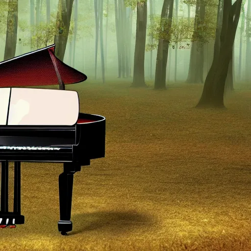 Prompt: grand piano in the middle of the forest, detailed, realistic, birds on the piano