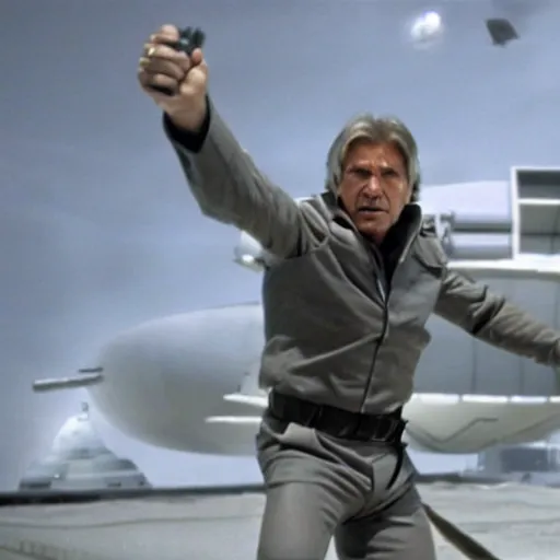 Prompt: A still of Harrison Ford as Commander Adama in Battlestar Galactica (2003), firing at a Cylon