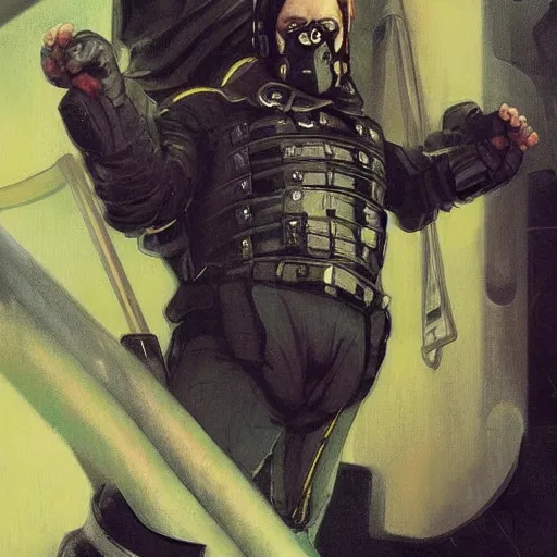 Image similar to portrait of rubbery, gaunt albino mutant with moist skin, sharp features, large lips, huge black eyes and determined expression, wearing fascist Byzantine police uniform and standing on cyberpunk docks, Dune concept art by Anato Finnstark, Alphonse Mucha, and Greg Rutkowski