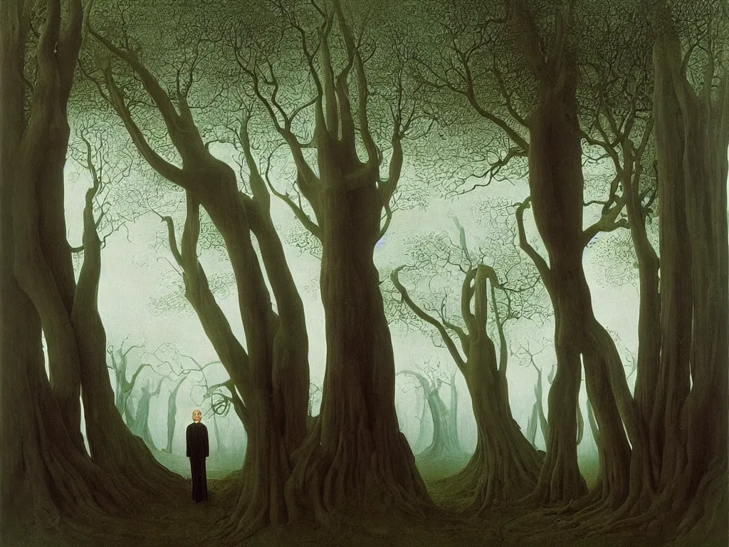 Prompt: albino mystic, with his back turned, looking in the distance at the surreal giant forest of Banyan trees in the fog. Painting by Jan van Eyck, Caspad David Friedrich, Rene Magritte, Agnes Pelton, Max Ernst, Walton Ford