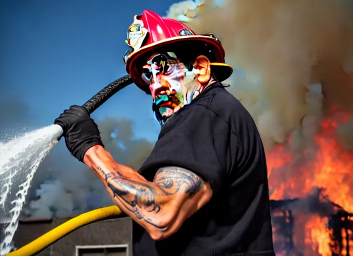 Image similar to photo of danny trejo as a firefighter putting out a big fire, 8 k, 8 5 mm f 5. 6