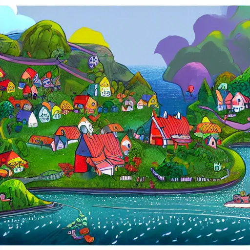 Prompt: illustration of an happy village in a beautiful landscape of Ocean and Lush by Philip sue trendy on artstation