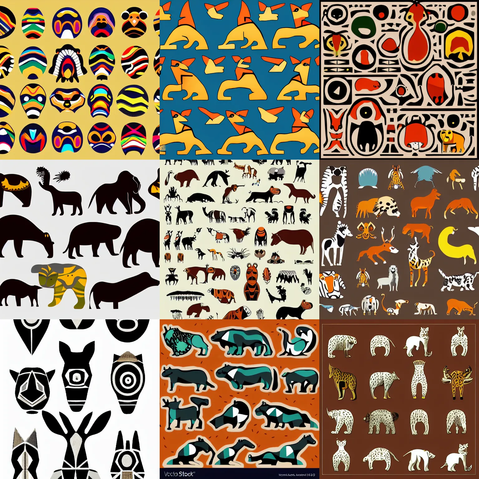 Prompt: animals aboriginal clean shapes by bauhaus, tribal, sprite sheet