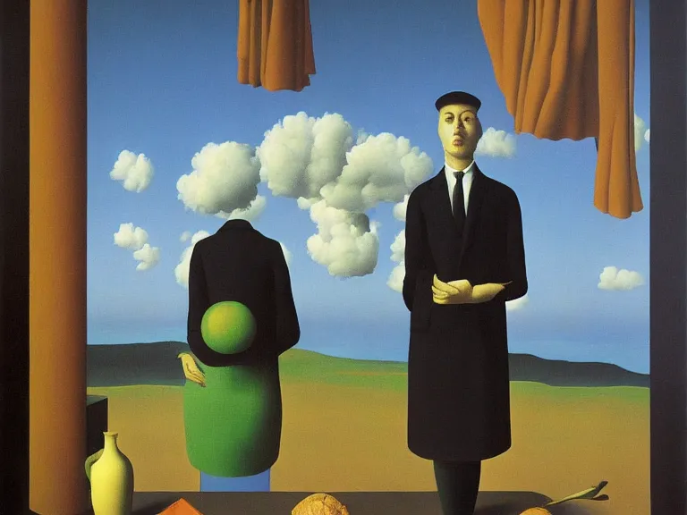 Image similar to surrealist painting by rene magritte, high detail, high resolution