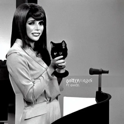 Image similar to A cat newscaster, 1970s