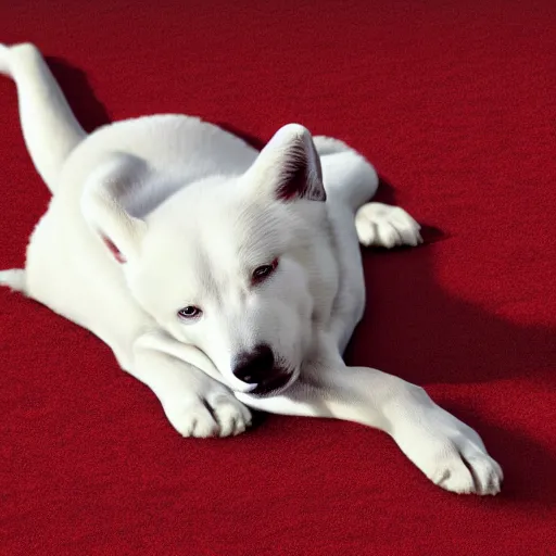 Prompt: a white and red Jindo dog curled up on a carpet peering at you from one open eye, high quality digital concept art