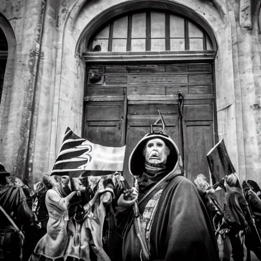 Prompt: medieval protester photo black and white wide angle lenses