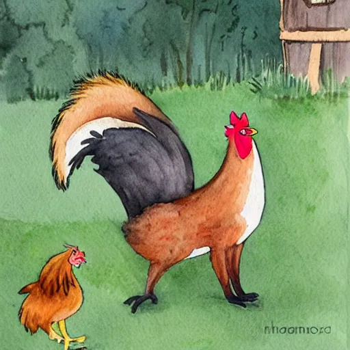 Prompt: fox dancing with a chicken in a hen house, watercolor illustration,