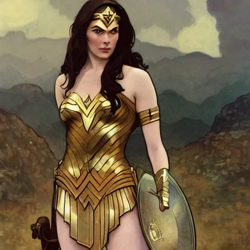 Image similar to Erin Moriarty as Wonder Woman, highly detailed, digital painting, artstation, concept art, smooth, sharp focus, illustration, ArtStation, art by artgerm and greg rutkowski and alphonse mucha and J. C. Leyendecker and Edmund Blair Leighton and Katsuhiro Otomo and Geof Darrow and Phil hale and Ashley wood and Ilya repin and Charlie Bowater