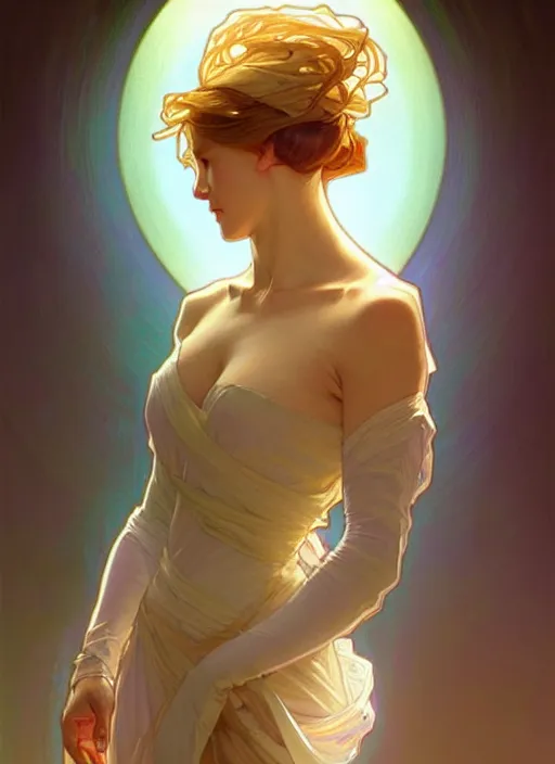 Image similar to digital character concept art by artgerm greg rutkowski alphonse mucha. clear portrait of a shy modern wife blessed by god to grow immaculately fertile and perfect!! blonde, in clothes! holy body! light effect. hyper detailed, glowing lights!! intricate, elegant, digital painting, artstation, smooth, sharp focus