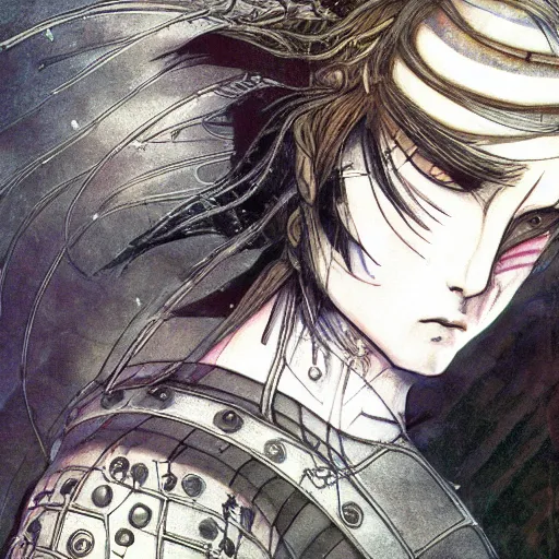 Image similar to yoshitaka amano blurred and dreamy realistic illustration of a phil lamarr with black eyes, wavy white hair fluttering in the wind wearing elden ring armor with engraving, abstract patterns in the background, satoshi kon anime, noisy film grain effect, highly detailed, renaissance oil painting, weird portrait angle, blurred lost edges, three quarter view