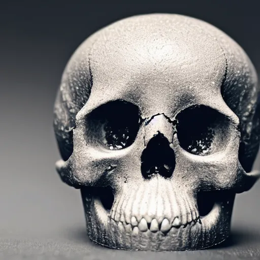 Prompt: a tiny human Skull, black background, close-up macro photography, bokeh, shallow focus