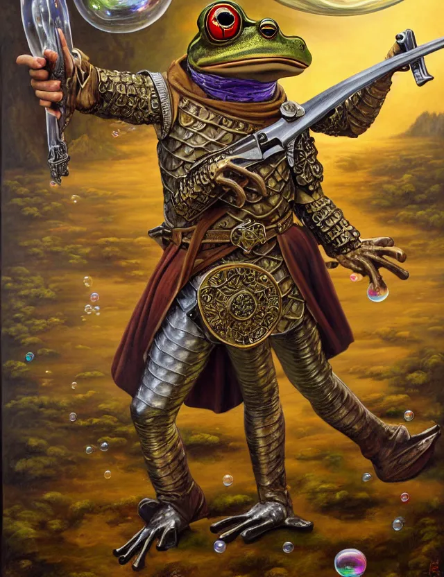 Image similar to anthropomorphic bipedal frog that is dressed as a medieval fighter, and dual wielding revolver pistols, as a baroque oil painting and d & d character art, by alex grey, standing, fullbody, floating bubbles, enlightenment, mystic, concept art, award - winning, extremely detailed, sharp focus