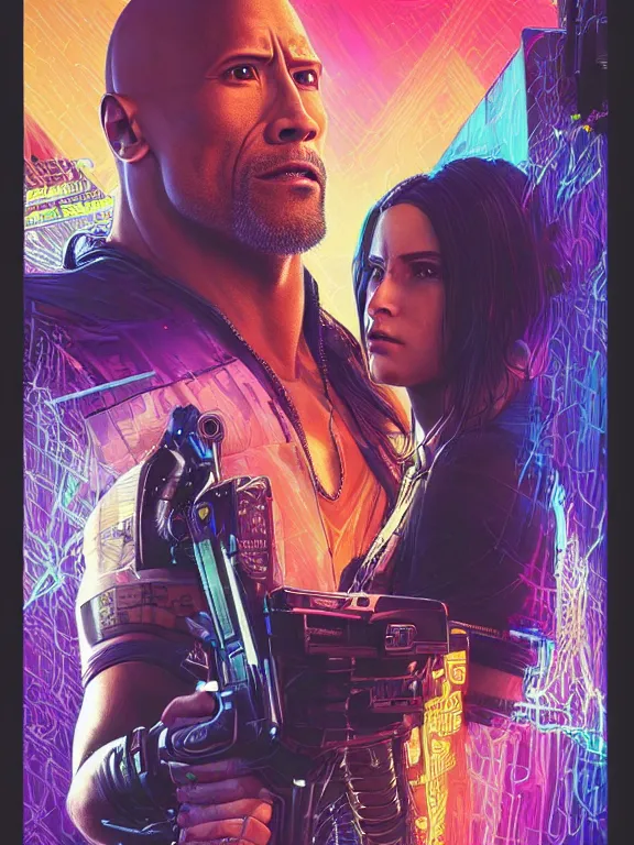 Prompt: a cyberpunk 2077 portrait of Dwayne Johnson holding a female android,complex mess of cables and wires behind them connected to giant computer,film lighting,by laurie greasley,Lawrence Alma-Tadema,William Morris,Dan Mumford, trending on atrstation,full of color,face enhance,sharp focus,highly detailed,8K, octane,golden ratio,cinematic lighting