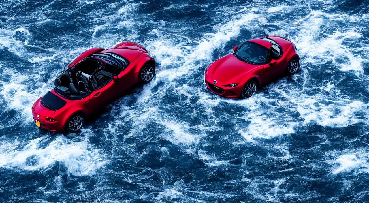 Image similar to mazda miata driving ontop of the ocean, giant wave, realistic, detailed, contrast, 4 k