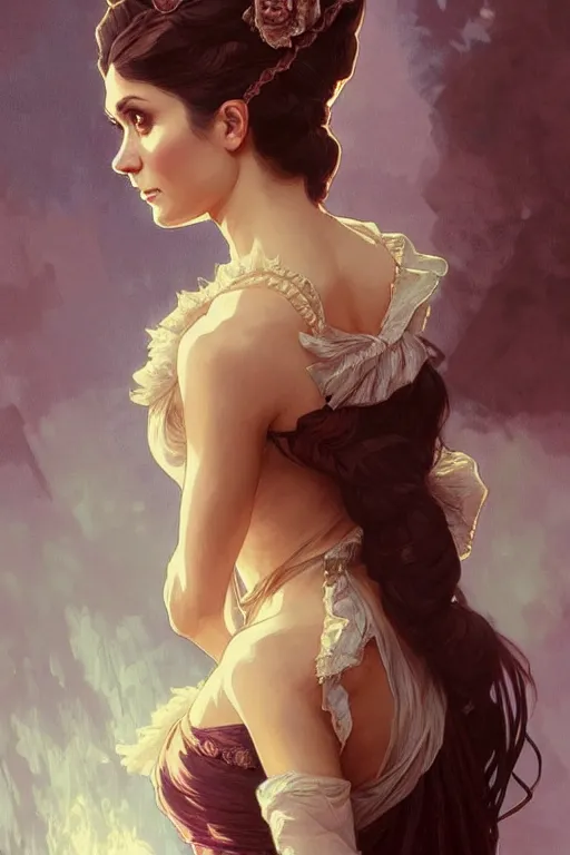 Image similar to Nina Dobrev dressed in a victorian fashion, D&D, fantasy, intricate, elegant, highly detailed, digital painting, artstation, concept art, matte, sharp focus, illustration, art by Artgerm and Greg Rutkowski and Alphonse Mucha