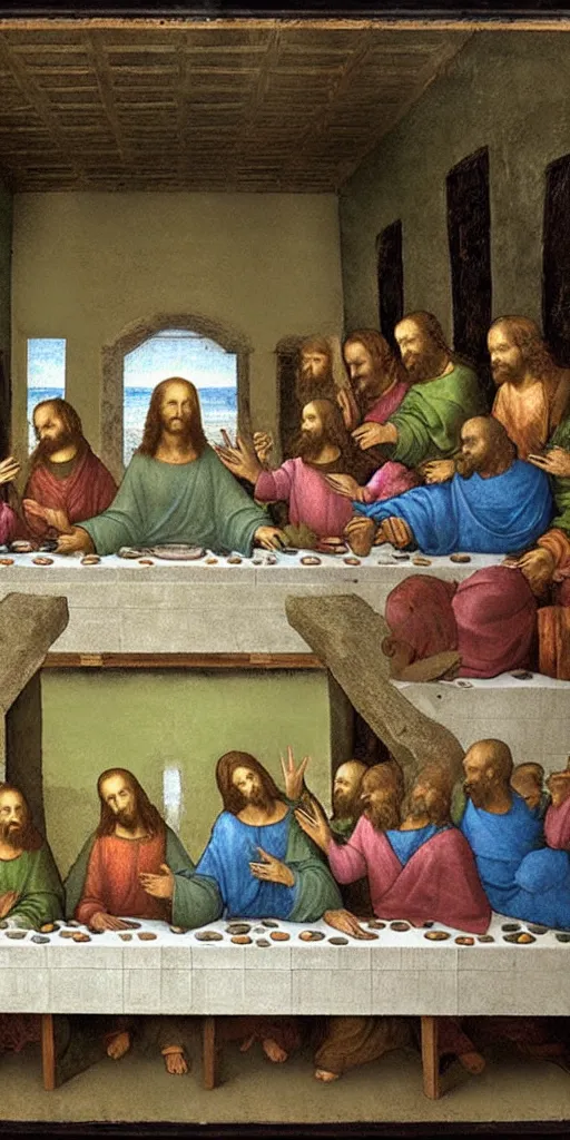 Image similar to the last supper with jesus, all the disciples are slimy green blobs, painted by leonardo da vinci