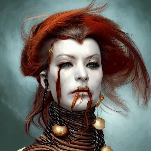 Image similar to portrait of a Shibari rope wrapped face and neck, headshot, insanely nice professional hair style, dramatic hair color, digital painting, of a old 17th century, old cyborg merchant, amber jewels, baroque, ornate clothing, scifi, realistic, hyperdetailed, chiaroscuro, concept art, art by Franz Hals and Jon Foster and Ayami Kojima and Amano and Karol Bak,