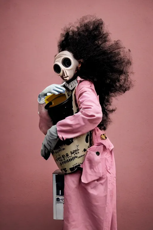 Image similar to a surreal portrait of a woman wearing a gas mask stuck in trash next to a pink wall in the style of brooke didonato, editorial fashion photography from vogue magazine, full shot, nikon d 8 1 0, ƒ / 2. 5, focal length : 8 5. 0 mm, exposure time : 1 / 8 0 0, iso : 2 0 0