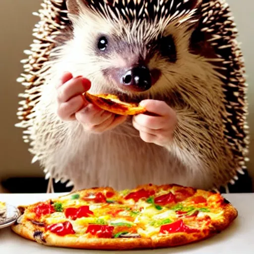 Image similar to still image of a cute hedgehog sitting at a tiny table eating a tiny pizza, photo
