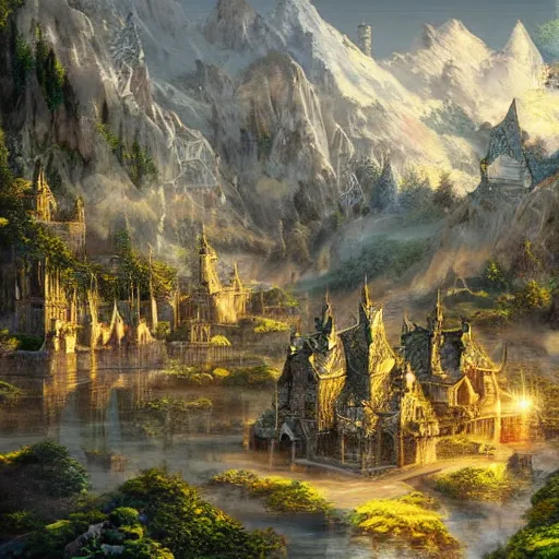 Prompt: elven city in the mountains, elegant, sunny, impressive, high-detail, digital art