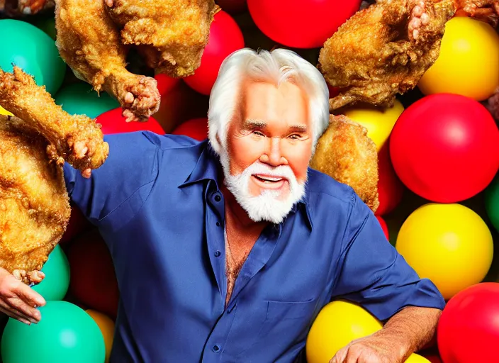 Prompt: photo still of kenny rogers in a ball pit of fried chicken!!!!!!!! at age 4 6 years old 4 6 years of age!!!!!!!! hiding from parents, 8 k, 8 5 mm f 1. 8, studio lighting, rim light, right side key light