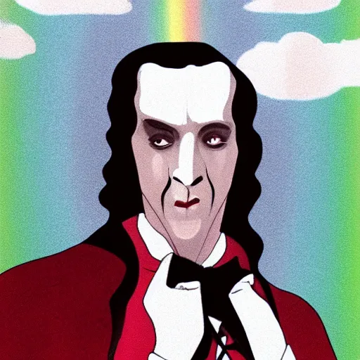 Image similar to count dracula with a pot of blood at the end of a rainbow in ireland